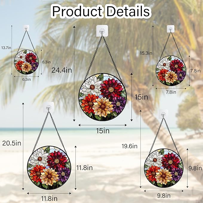 Stained Glass Window Hanging, Colorful Flowers Sun Catcher for Window Door Home Decor Plant Suncatcher Christmas Mother's Day Birthday Gifts for Women Men Mom and Nana 7.8 in