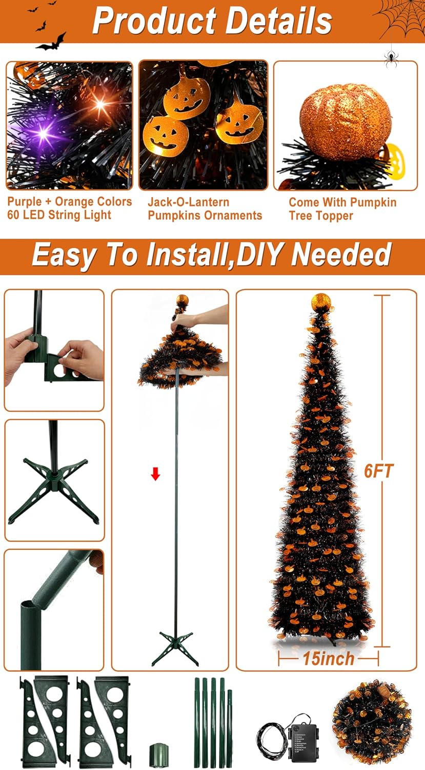 6 ft black tinsel halloween tree with lights, close-up detail
