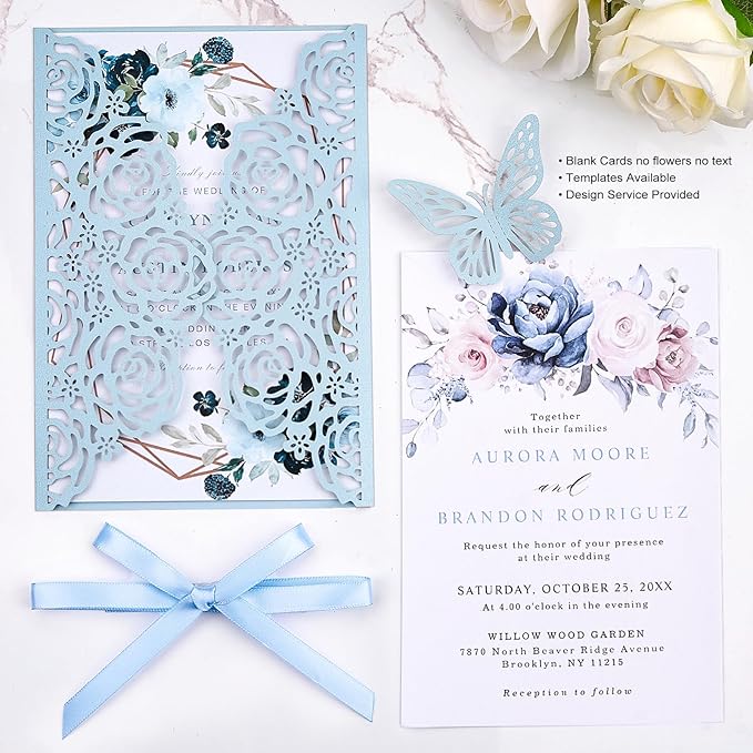 50 Set Light Blue Wedding Invitations Butterfly Laser Cut Invitations Pocket with Blank Inner Cards Rsvp Envelopes Stickers - Personalized Party Invites for Baby Bridal Shower QuinceañEa