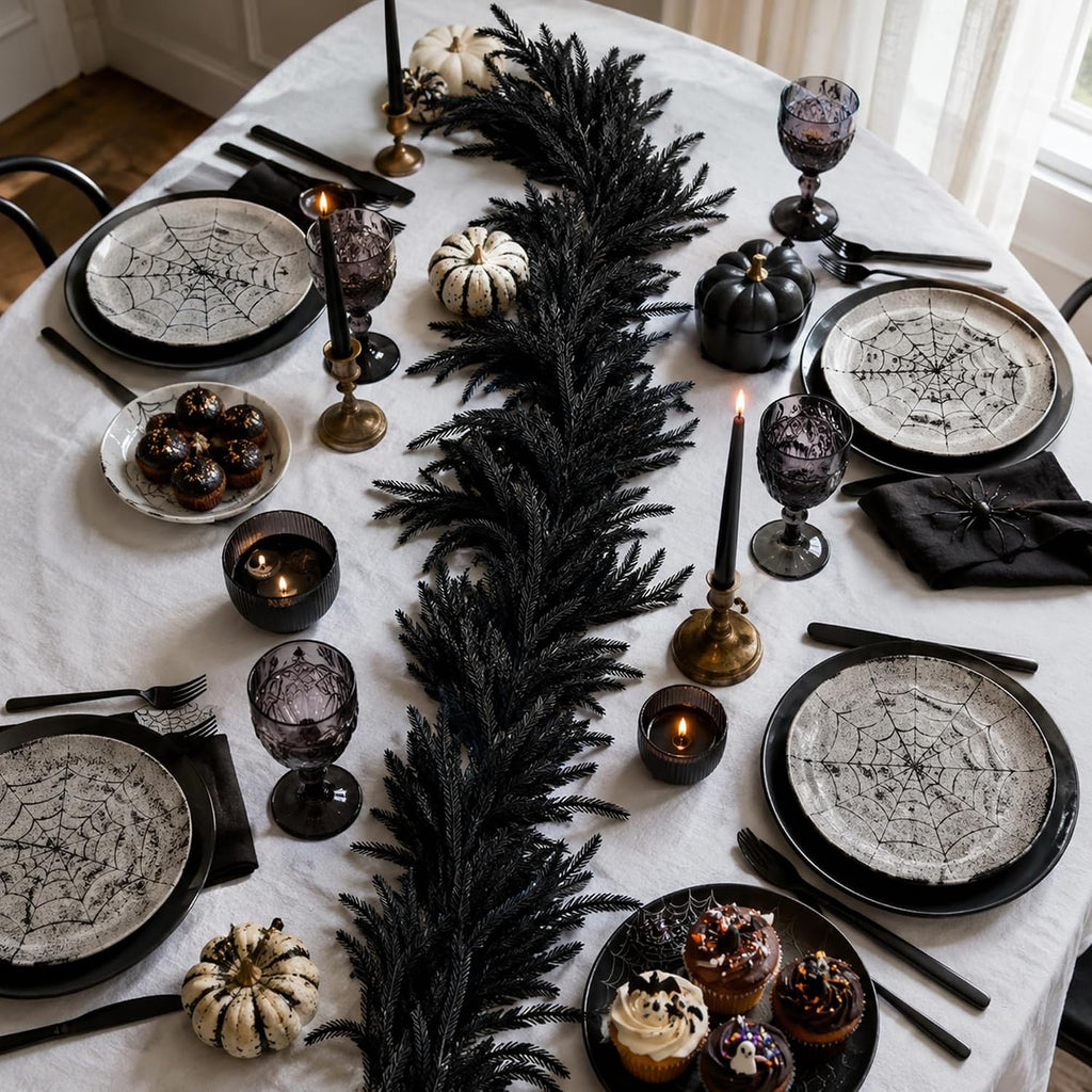 6ft black halloween norfolk pine garland,vine twig mantle, side view