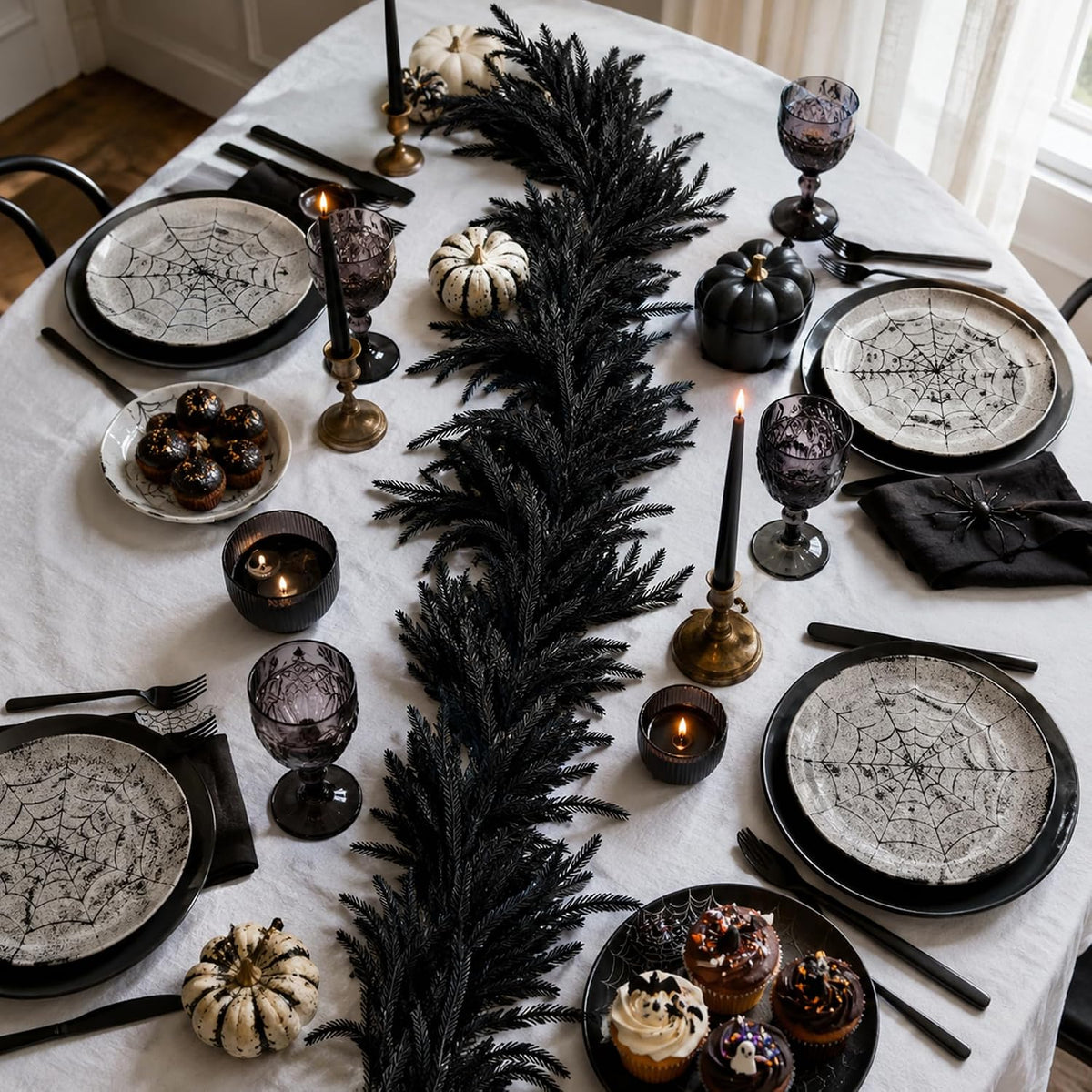 6ft black halloween norfolk pine garland,vine twig mantle, side view