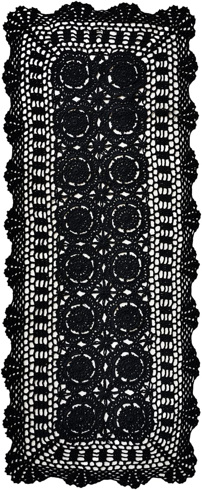 Phantomon Lace Table Runner Rectangular Table Cover Cloth Handmade Crochet Floral Placemats 100% Cotton (Floral Black, 15x39Inch)