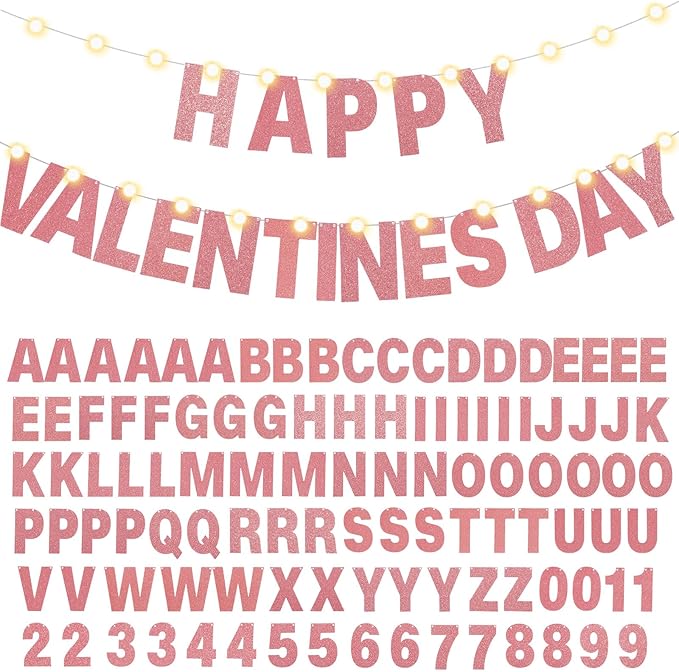 TaoBary 112 Pcs DIY Letter Kit Glitter Customizable Banner Letters Include 107 Letters and Numbers 3 Rope and 2 Needles for Birthday Halloween Christmas Wedding Valentine Party Decor(Rose Gold)