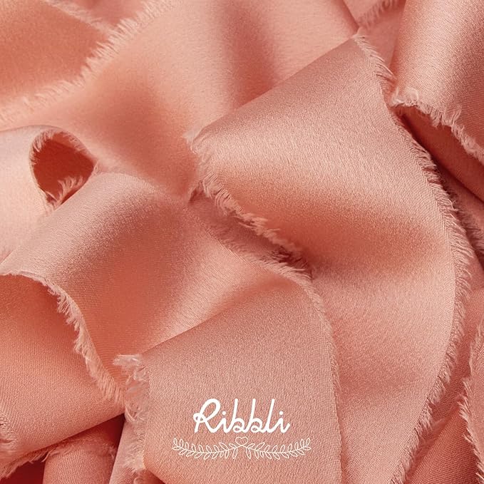 Ribbli Rose Gold Silk Satin Ribbon 1.5 Inch x 12 Yard Handmade Frayed Chiffon Ribbon with Wooden Spool for Gift Wrapping, Wedding Invitations, Bridal Bouquets, Home Decor