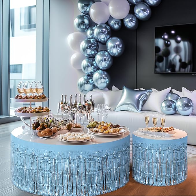 8 Pack Light Blue Table Skirts, 29x108" Metallic Foil Tinsel Fringe Table Skirts for Rectangle Tables Streamer Curtains Backdrop, Party Decorations for Birthdays Weddings Holidays
