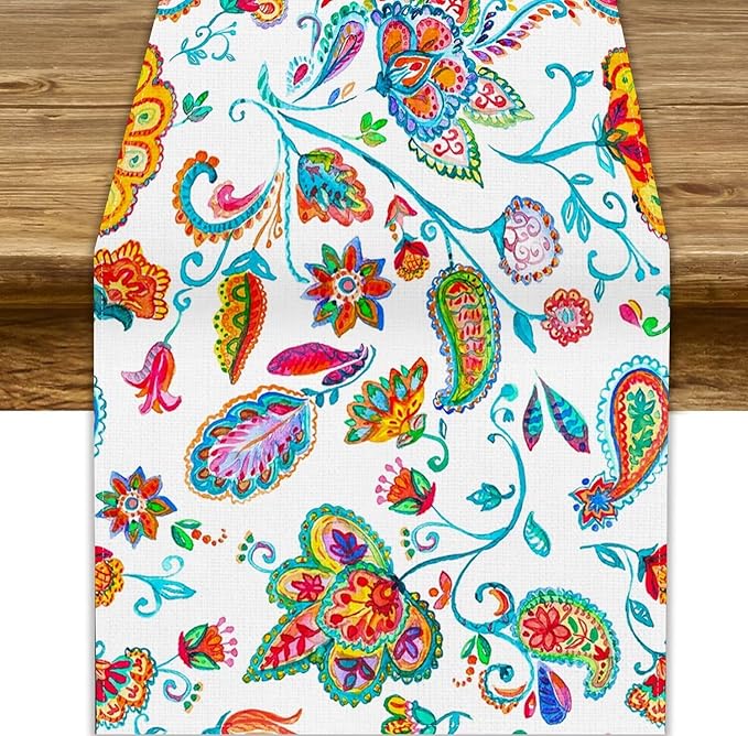 Paisley Table Runner, Watercolor Floral Oriental Indian Traditional Tulips Leaves Bohemian Paisley Print Table Runner for Kitchen Dining Tables Party Decor, 13x90inch