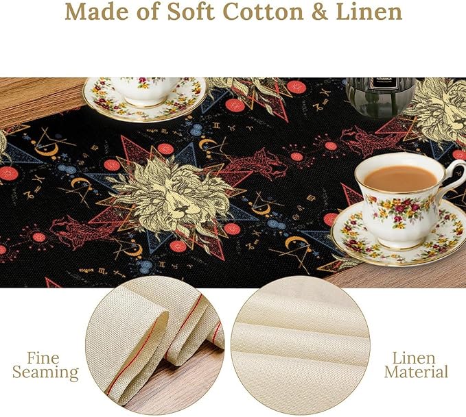 Boho Moon Lion Table Runner, Chinese Fish Phase of The Moon Sun Moon Table Runner for Kitchen Dining Table Home Party,13x36 Inch Black Red