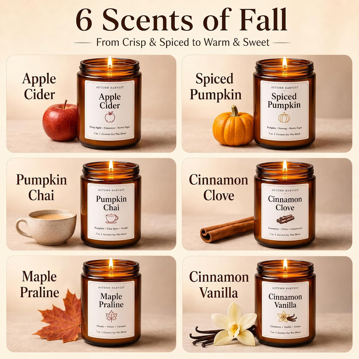 Fall Scented Candle Set of 6, 7 oz Soy Candles for Home, Autumn Gift Set