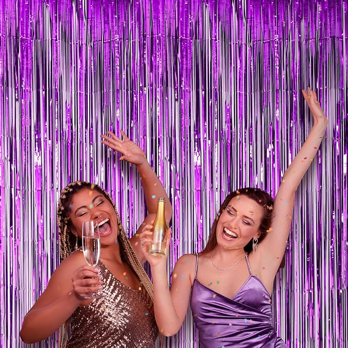 2 Pack Purple Foil Fringe Backdrop Curtains, Tinsel Streamers Birthday Party Decorations, Fringe Backdrop for Graduation, Baby Shower, Gender Reveal, Disco Party