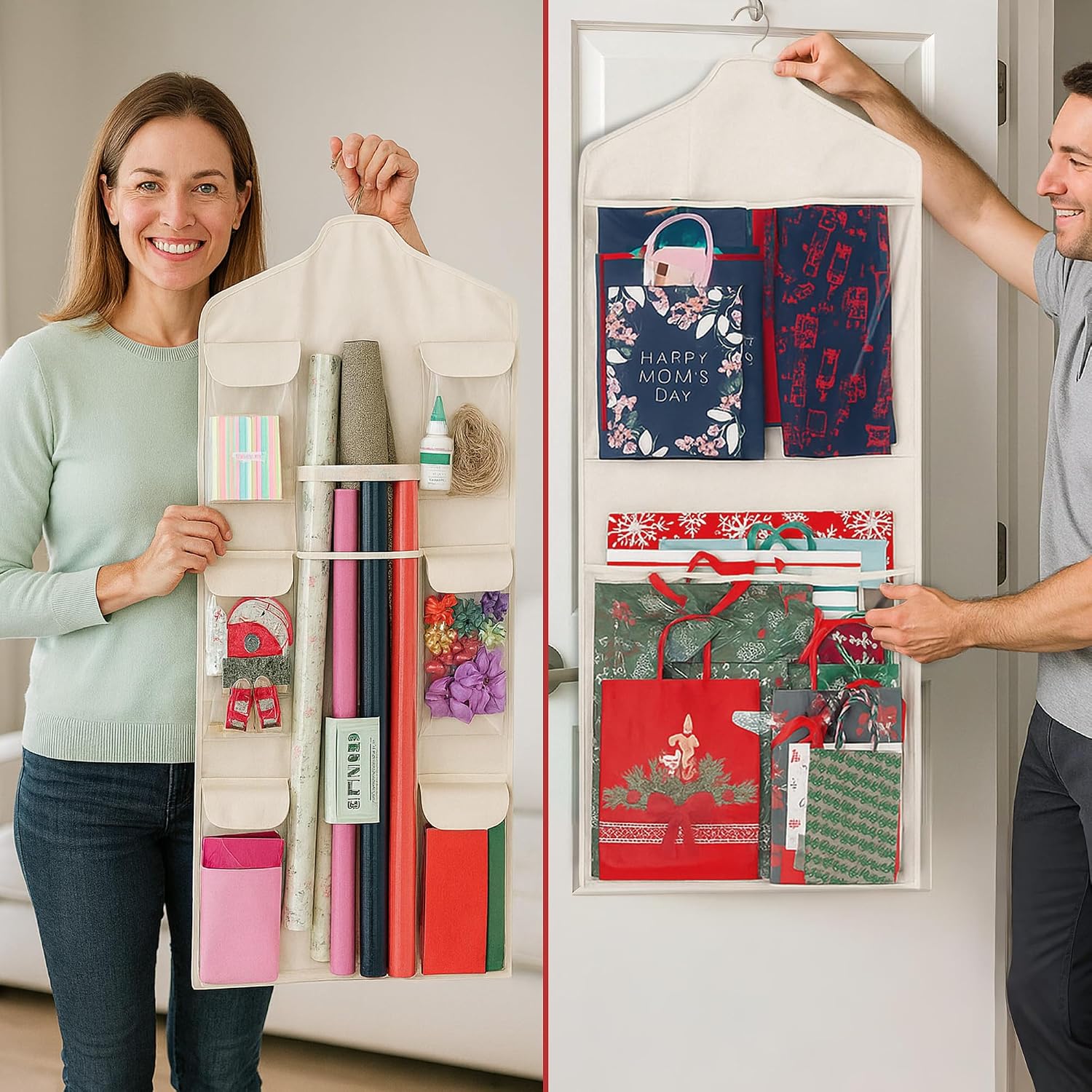 Wrapping Paper Organizer Storage – Double-Sided Hanging Gift Wrap Holder with Wooden Hanger – Over the Door or Closet Storage for Gift Bags with Pockets – For Christmas, Birthdays & Special Occasions.
