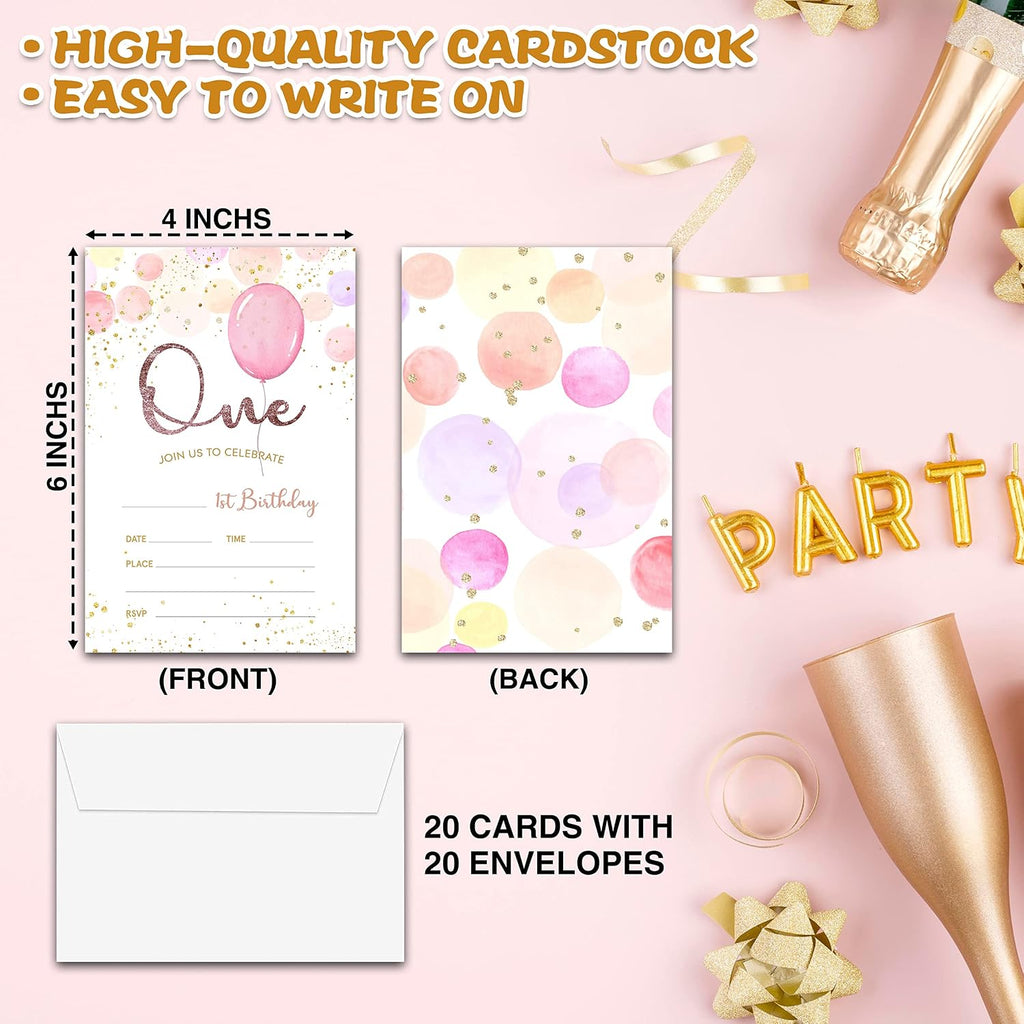 1st Birthday Party Invitations, Balloon Glitter Birthday Invitations, Double-Sided Fill In Birthday Invites, Birthday Party Favors Decorations Supplies, 20 Cards With 20 Envelopes(Invite-A04)