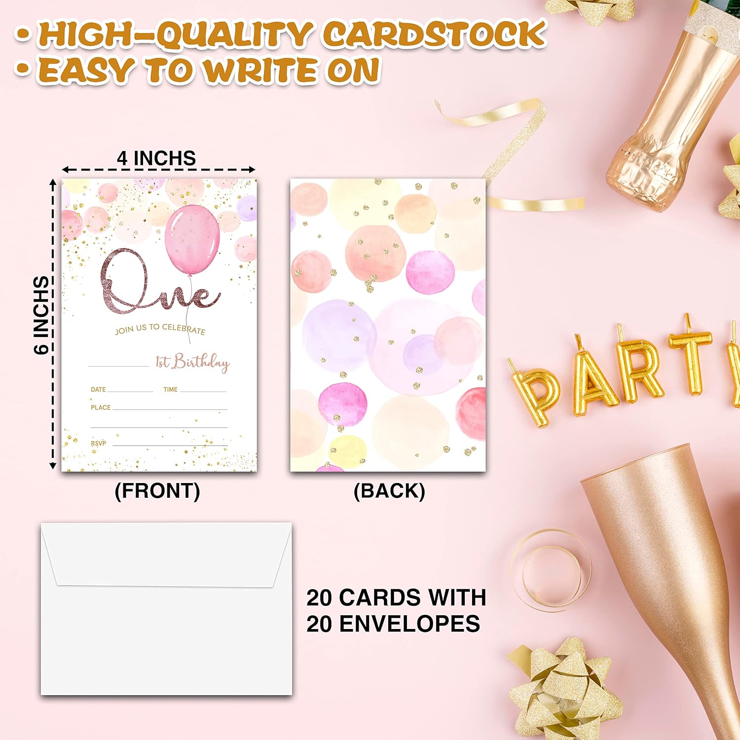 1st Birthday Party Invitations, Balloon Glitter Birthday Invitations, Double-Sided Fill In Birthday Invites, Birthday Party Favors Decorations Supplies, 20 Cards With 20 Envelopes(Invite-A04)