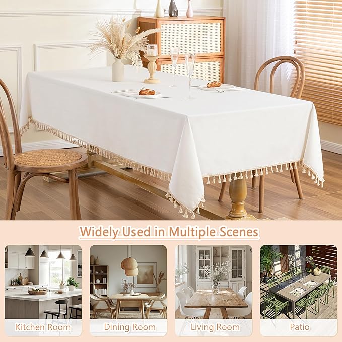 MYSKY HOME White Table Cloth Rectangle, Rectangular Table Cloth, Wrinkle Resistant, Waterproof Tablecloth, Washable Farmhouse Tablecloths, Table Cloths with Tassels for Kitchen Dining, 55"X86"