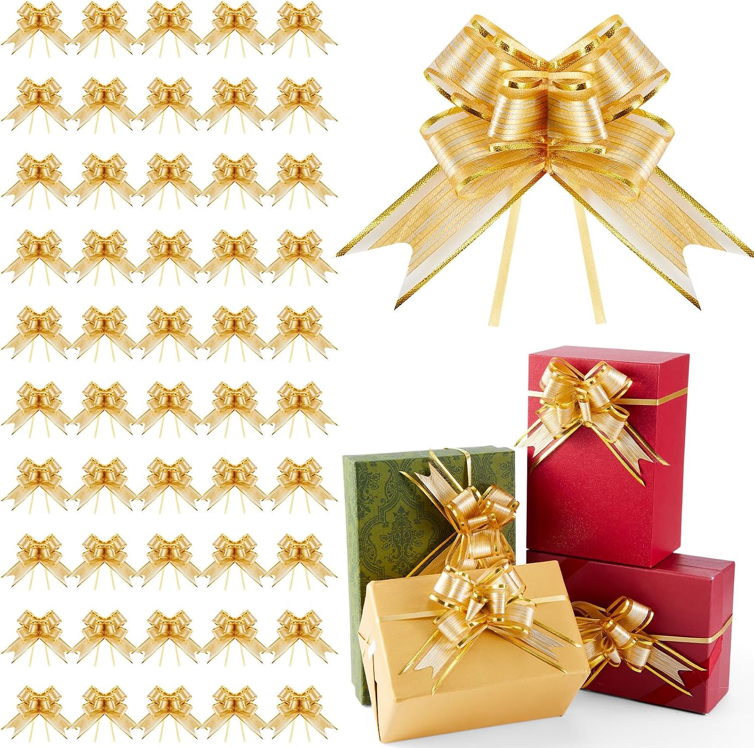 Geosar 200 Pieces 200 Pcs 3.5 Inch Mini Pull Bows for Gift Wrapping Easter Bow Ribbon Butterfly for Holiday Wedding Birthday Presents Baskets Wrapping Decoration (Gold)