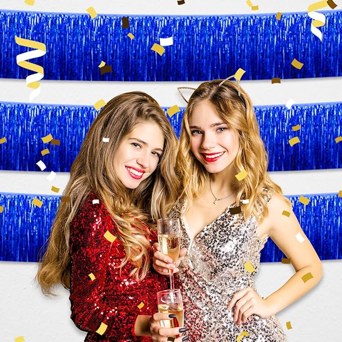 6 Pack 10 Feet Blue Foil Fringe Garland Metallic Tinsel Streamers Banner Wall Hanging Curtain Backdrop for Parade Floats, Birthday, Graduate, Mother's Day, Wedding Party Decoration