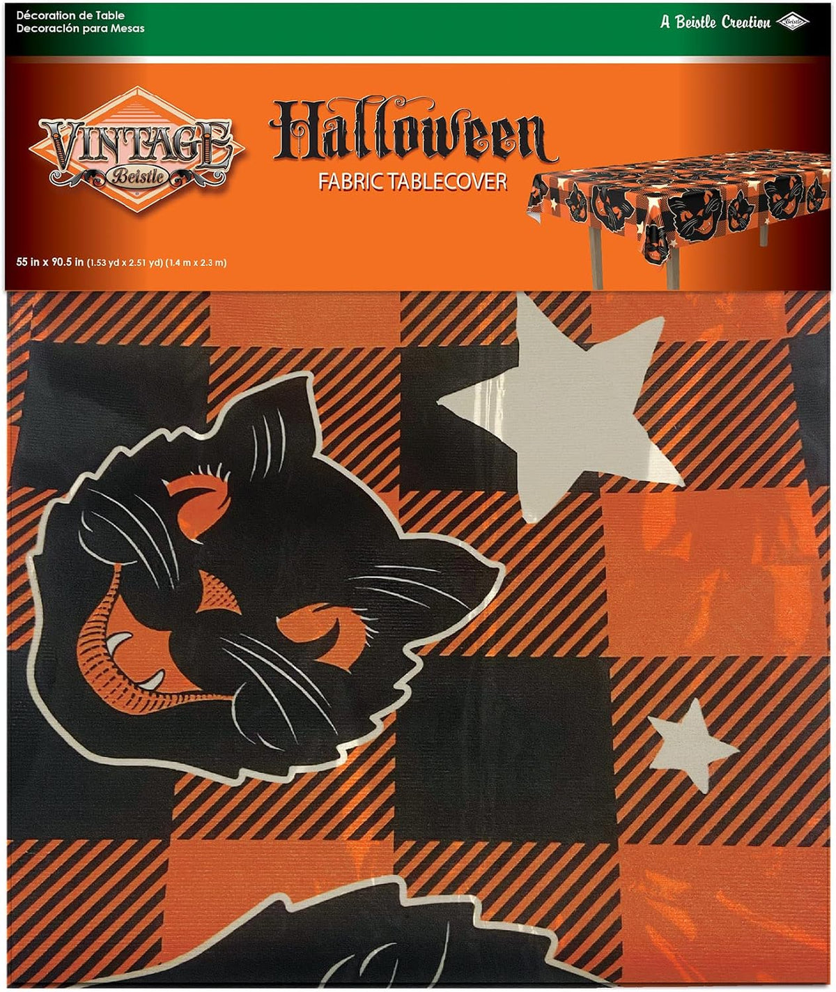 Beistle Fabric Black Cat Vintage Halloween Tablecover, 55” x 90.5” – Polyeste...