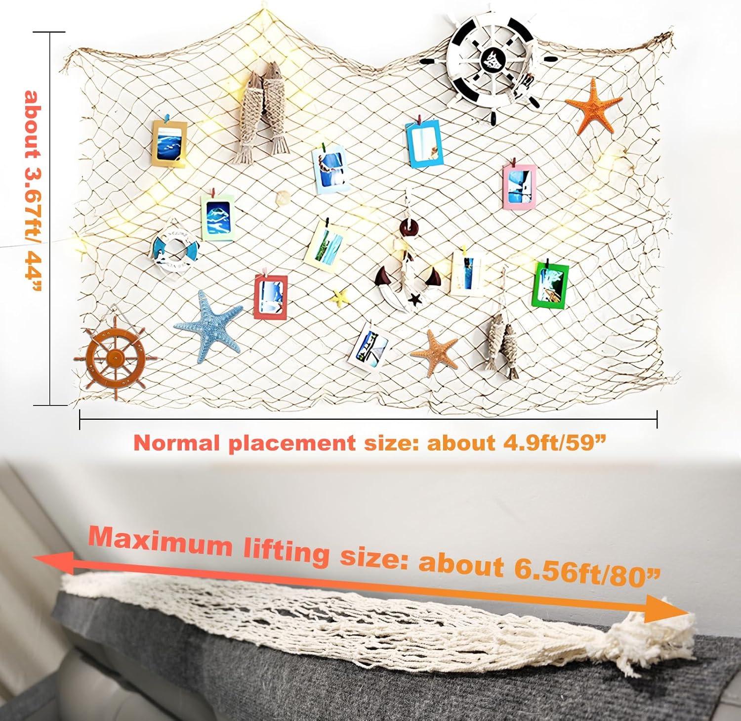 2 Pack Fish Net Decorations for Party, Natural Cotton Hawaiian Table Runner Party Fishing Net Decorative, Nautical Themed Decor Cotton Fishnet Under The Sea Pirate Ocean BeachHalloween Decor