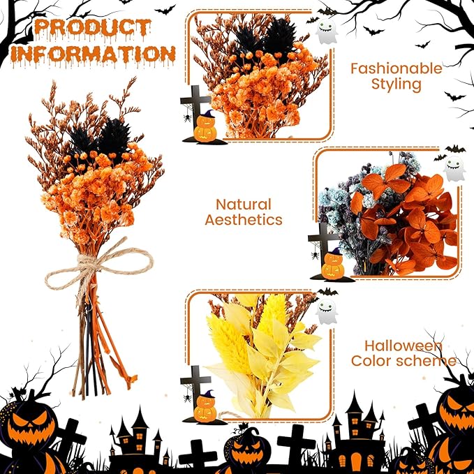 10/12/24/36 Pack Mini Dried Flowers for Vase Wedding Various Mini Bouquet Dried Small Wildflowers Natural Flowers Bulk for Crafts DIY Decor (12, Halloween Color2)