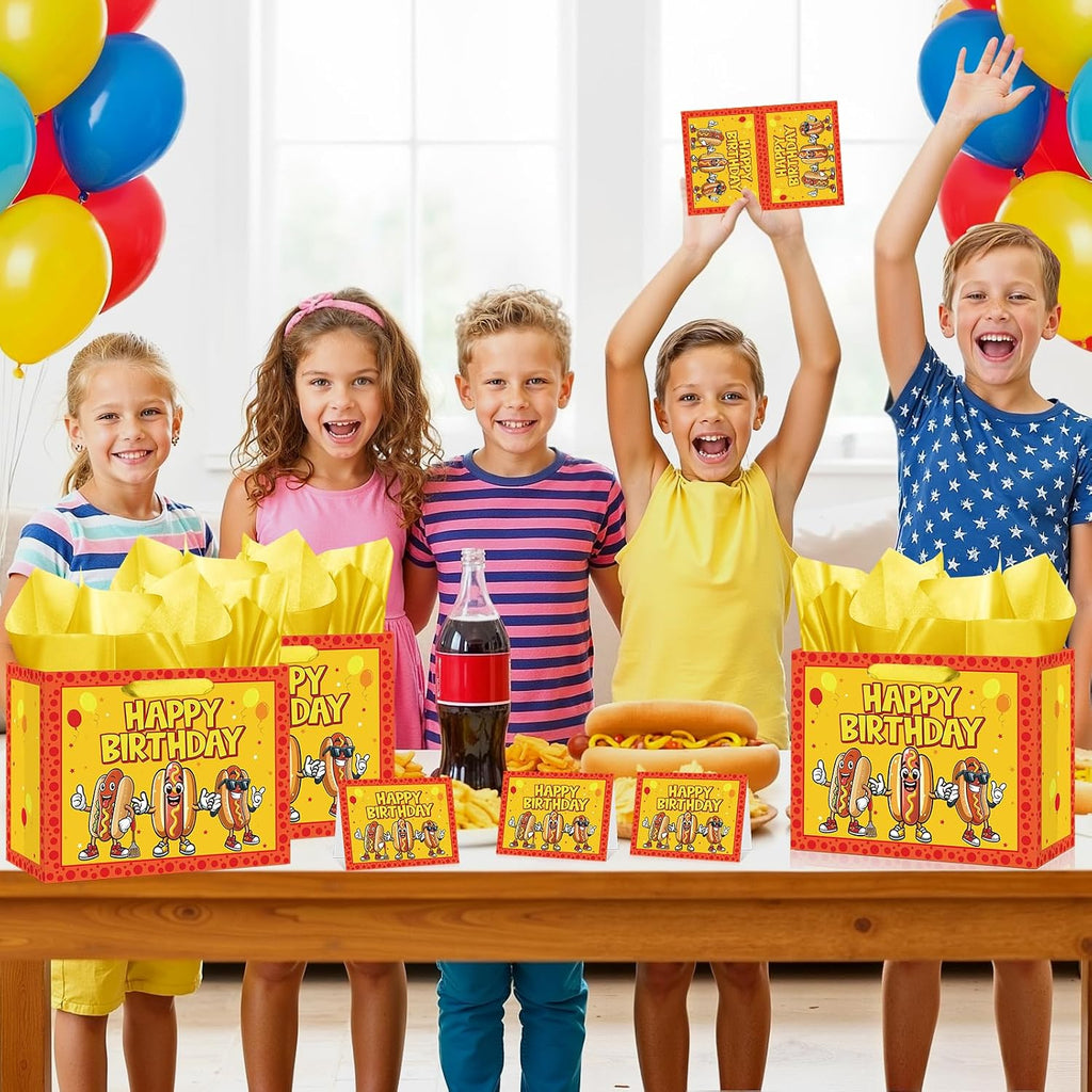 Cartoon Hot Dog Birthday Gift Bag Funny Hot Dog Themed Birthday Wrapping Paper Bag with Tissue Paper Card for Kids Adults Picnic BBQ Sausage Food Snacks Hotdog Bday Baby Shower Party Supplies