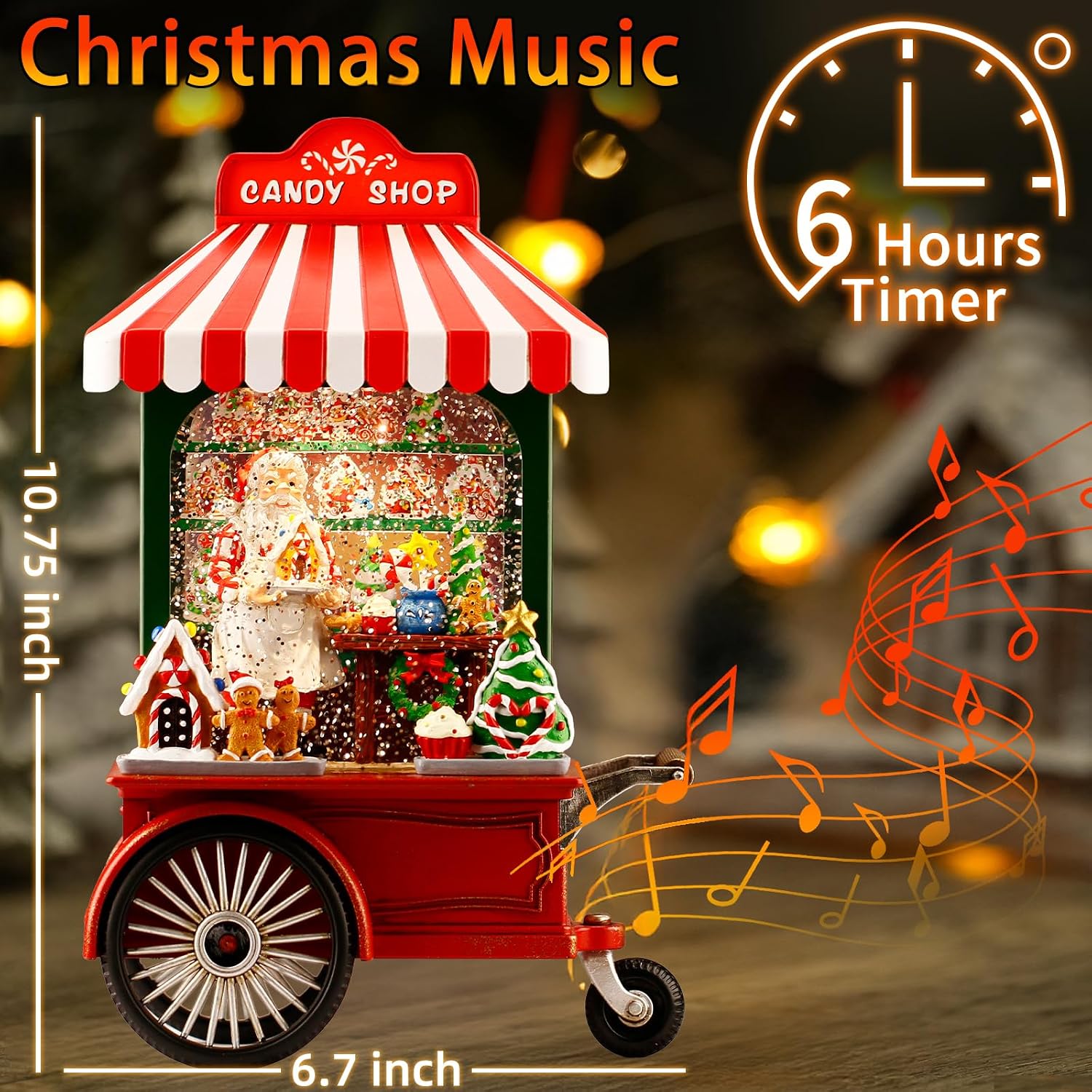 Christmas Snow Globe, Candy Cart Christmas Snow Globe with 6H Timer, 10.8 Inches Lighted Musical Santa Snow Globes, Spinning and Swirling Glitter Christmas Decorations Gifts