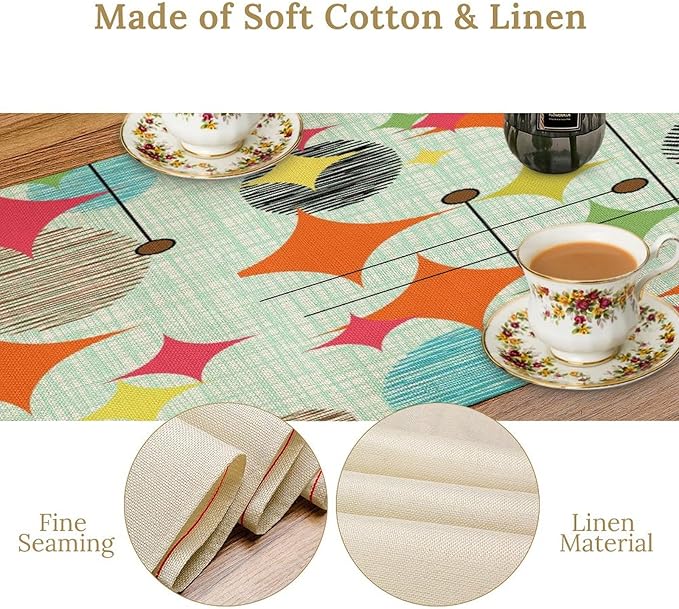 Mid Century Table Runner,Abstract Retro Modern Geometric Colorful Stripe Pattern Print Tablecloth Burlap for Hotel Indoors Outdoor Dining Room Kitchen Holiday Party, 13x80in