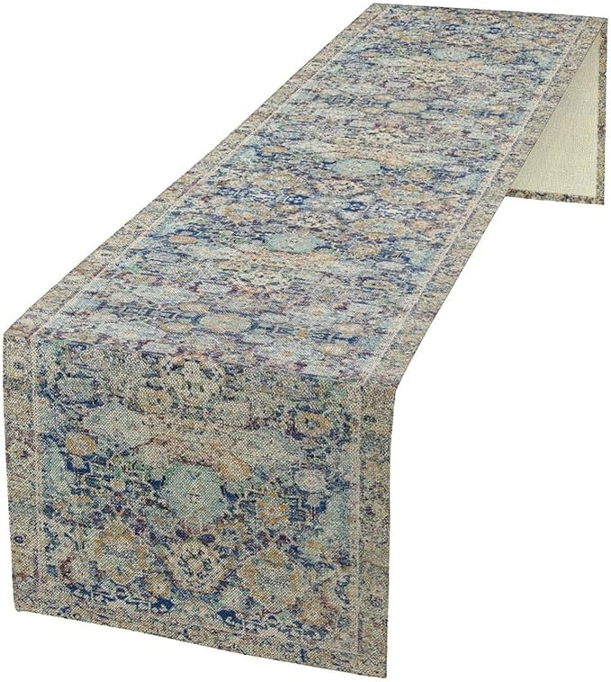 Vintage Boho Floral Table Runner, Rustic Country Farmhouse Blue Yellow Retro Flower Pattern for Home Kitchen Table Decor Dining Coffee Room Party Decor 13x36in
