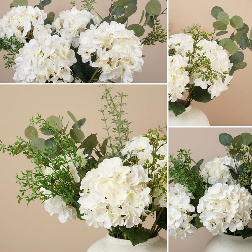 faux arrangement - eucalyptus & white hydrangea flowers, side view