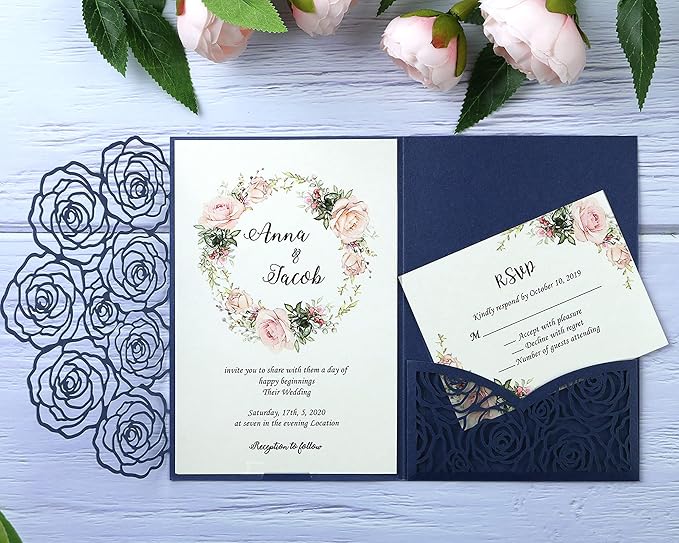 20 Pcs Laser Cut Wedding Invitations Card Pocket with Envelope for Birthday Party Baby or Bride Shower Invite suitable for 5 * 7 Inches Insert Paper (Dark Blue)