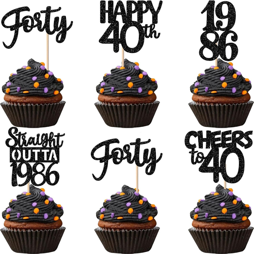 30PCS Black 40th Birthday Cupcake Toppers Glitter Forty Happy 40th Straight Outta 1986 Cupcake Picks for Cheers to 40 Years 40th Birthday Wedding Anniversary Party Decorations Supplies