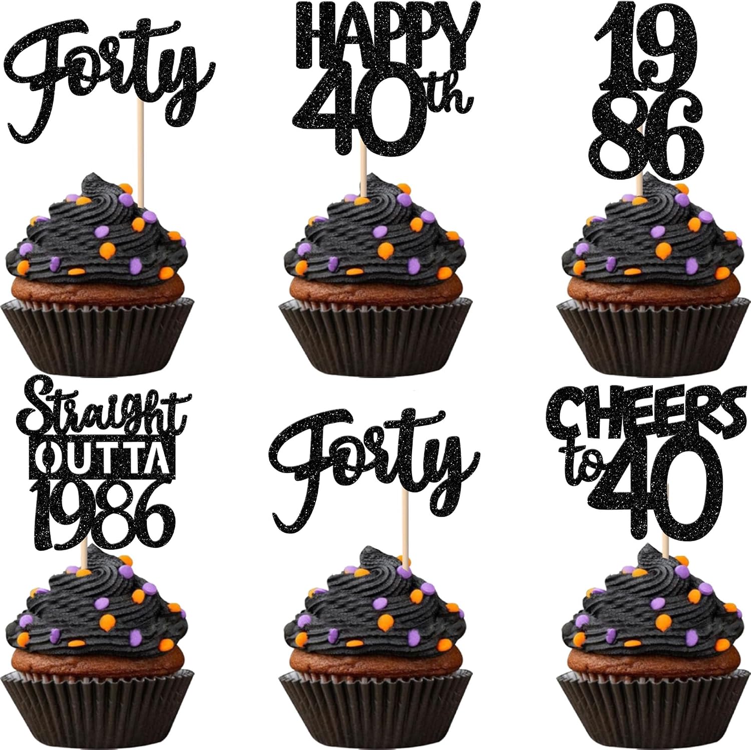 30PCS Black 40th Birthday Cupcake Toppers Glitter Forty Happy 40th Straight Outta 1986 Cupcake Picks for Cheers to 40 Years 40th Birthday Wedding Anniversary Party Decorations Supplies