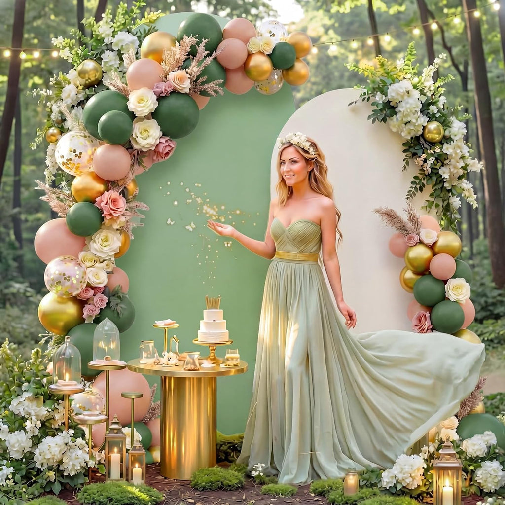 sage green 131 pcs arch backdrop cover with showing dimensions