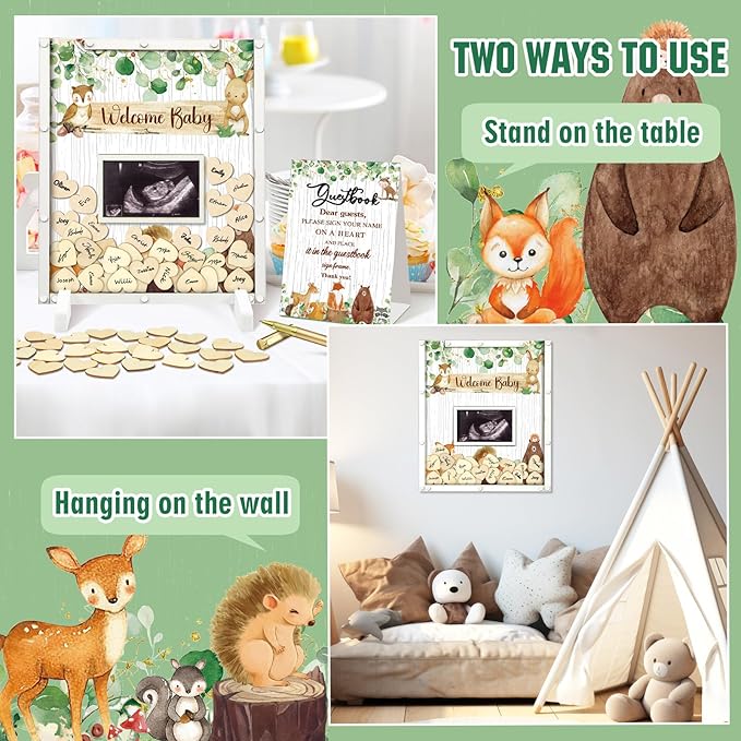 65 Pcs Woodland Animal Baby Shower Guest Book Alternatives He or She Gender Reveal Baby Shower Decorations Sign in Guest Book with Picture Frame and 60 Wooden Chip