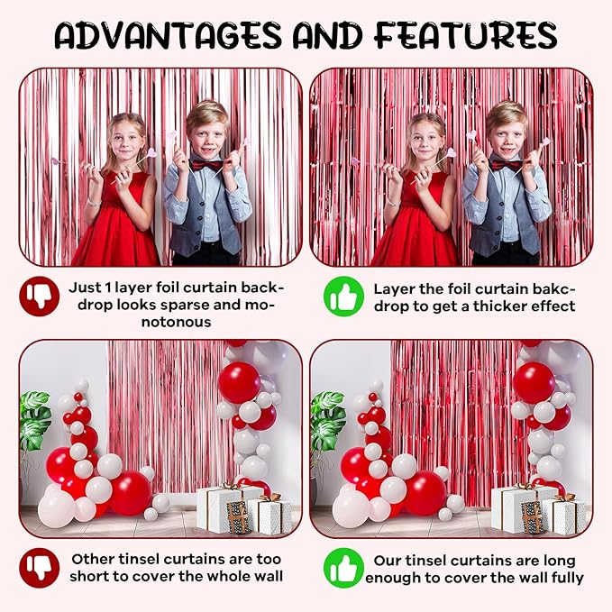 2 Pack Red Foil Fringe Backdrop Curtains, Tinsel Streamers Birthday Party Decorations, Fringe Backdrop for Graduation, Baby Shower, Gender Reveal, Disco Party