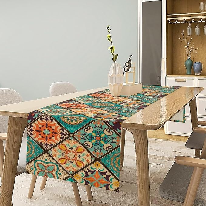 Boho Floral Table Runner,Vintage Bohemian Style Table Runner for Kitchen Dining Table Home Party Decoration 13x90 Inch