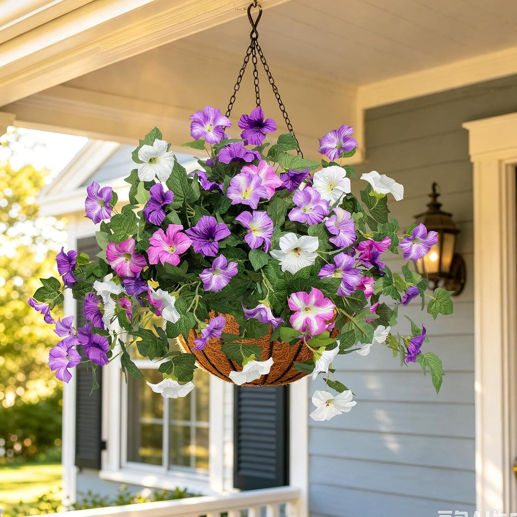 Artificial Fake Flowers Plants for Outdoor UV Resistant, 2PCS Silk Faux Petunias No Fade Summer for Outside Planter Front Door Porch Yard Patio Balcony Realistic Decoration Purple White