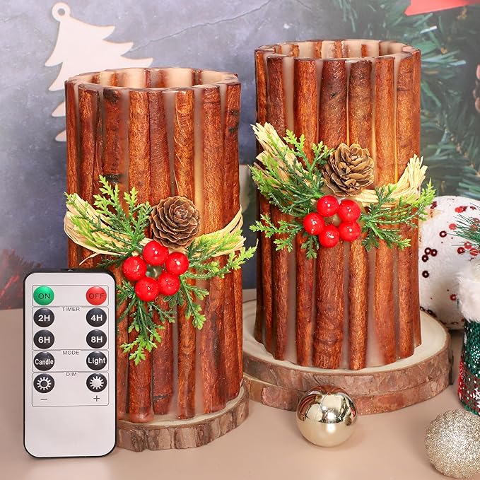 Silverstro Christmas Fake Candles with Remote Embedded Cinnamon Bark Blinks Real Wax Decorative Candles for Home Party Xmas Holiday Decorations - D3.23 X H6 Set of 2
