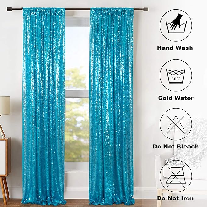 ShinyBeauty Turquoise Curtains 8 Panels, 2Ftx8Ft, Glitter Photograph Backdrops, Blue Backdrop Curtain for Parties,Birthday Decor,Sequin Background