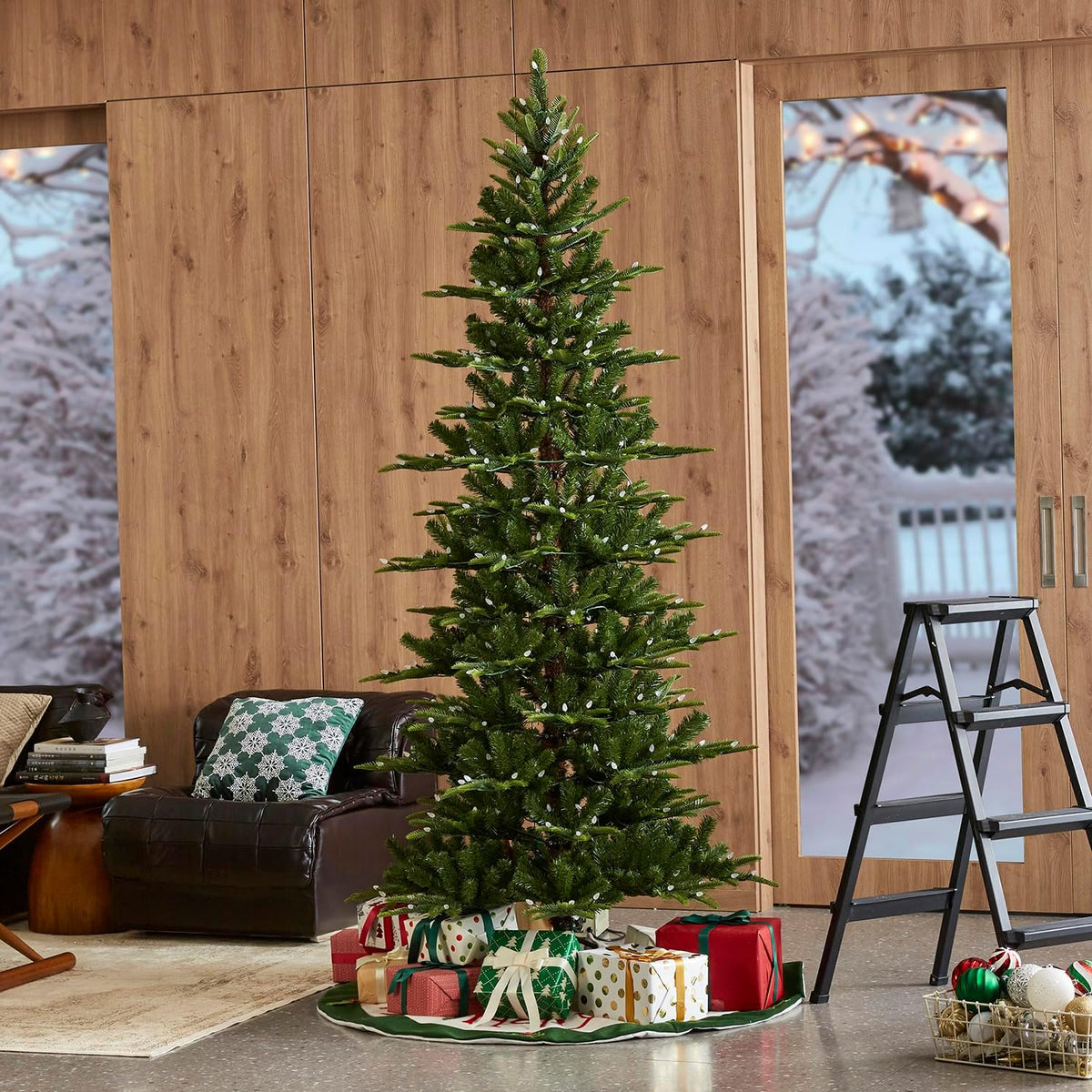 glitzhome 7.5ft prelit artificial christmas tree, cascade evergreen shown in use