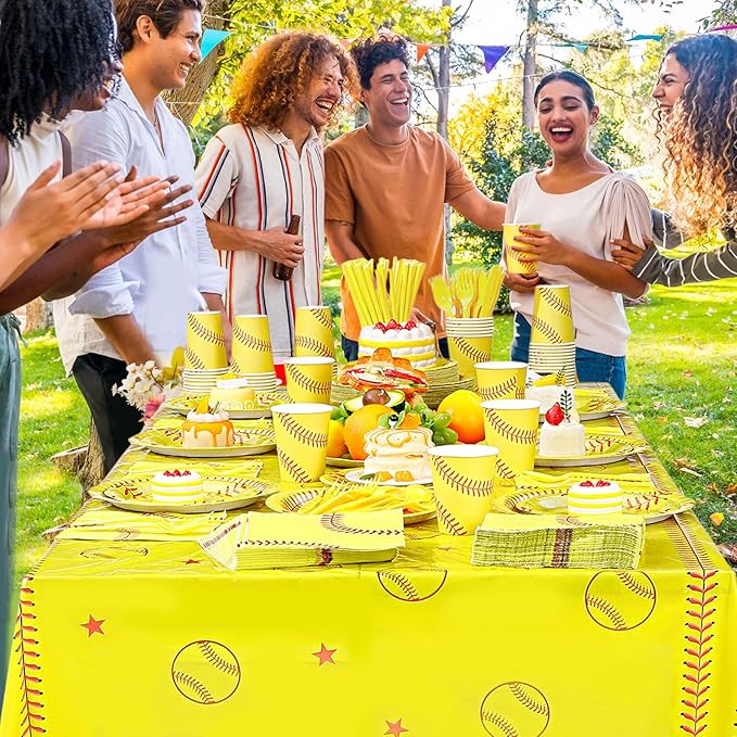 452 Pcs Softball Birthday Party Decorations for 50 Guests, Softball Paper Plates Napkins Cups Tablecloth Cutlery Straws Disposable Tableware Set for Women Men Sports Theme Party Supplies