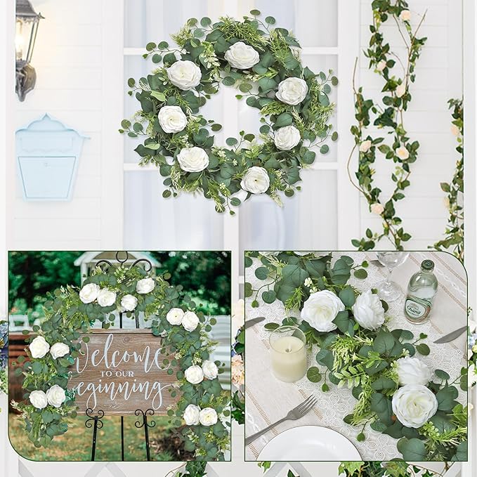4PCS 6.23FT Artificial Eucalyptus Garland with Peony Flowers Fake Vines Floral Greenery Garland White Peonies Artificial Flowers for Centerpiece Table Runner Wedding Decor (White, 4PCS)