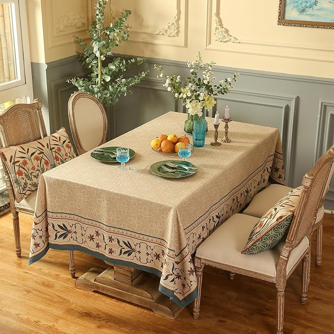 patdrea Designer French Small Rectangular Tablecloth,Beige Anti-Wrinkle Durable Floral Farmhouse Table Cloth,Decor Tables Covers for Kitchen Dining,Tea Party,Christmas,Thanksgiving,55"x71"-Fram