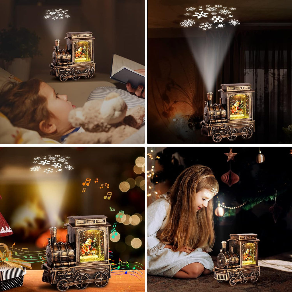 FUSPWEAO Vintage Musical Christmas Snow Globe Lantern with Snowflake Projection, Lighted Christmas Train Snow Globe with Santa, Water Swirling Glitter and 6H Timer, Xmas Gift