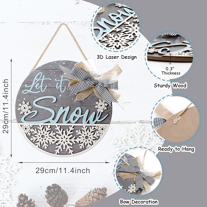 CHDITB Let It Snow Winter Decoration Sign(11.4”x11.4”), 3D Snowflake Xmas Winter Front Door Sign with Bow, Christmas New Year Housewarming Gift for Front Door Porch Farmhouse Indoor