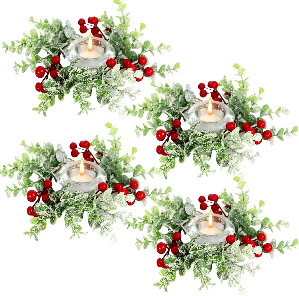 4 Pcs Christmas Candle Rings Wreath Red Berries with Eucalyptus Leaves 3.15inch, Snowy Small Wreath Candle Ring Holder for Pillars, Christmas Home Kitchen Cabinet Table Centerpieces Decor