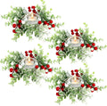 4 Pcs Christmas Candle Rings Wreath Red Berries with Eucalyptus Leaves 3.15inch, Snowy Small Wreath Candle Ring Holder for Pillars, Christmas Home Kitchen Cabinet Table Centerpieces Decor