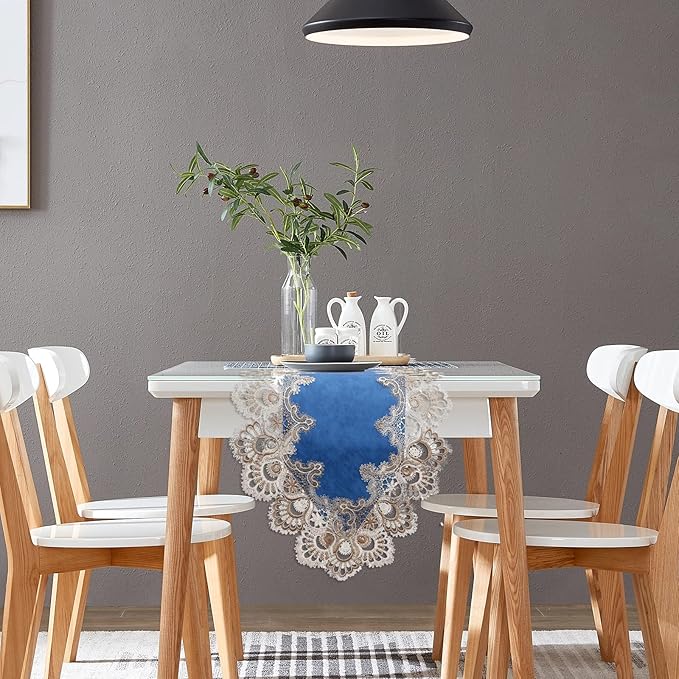 Vintage Lace Dining Table Runner, 108 Inches Macrame Coffee Table Runners for Kitchen Home Christmas Party Decorations (16x108 inch,Blue)