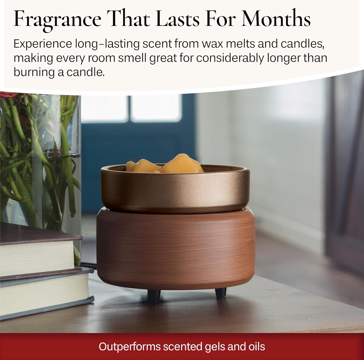 Candle Warmers ETC 2-in-1 Candle and Fragrance Warmer for Warming Scented Candles or Wax Melts and Tarts with to Freshen Room, Pewter Walnut