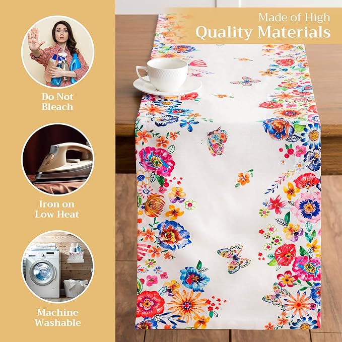 Maison d' Hermine Table Runner 100% Cotton Single Layer Table Runners 72 inches Long Decorative for Home Dining Party Wedding Bridal Shower Spring Summer (Happy Florals - High Summer, 14.50" x 72")