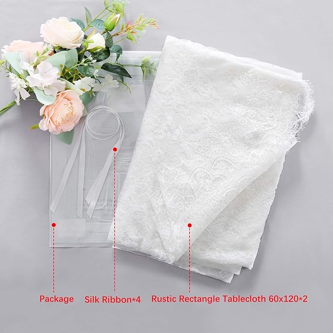 LuoluoHouse 2 Pack 60 x 120 Inch White Lace Rustic Table Cloths Vintage Farmhouse Table Fabric Wedding Outdoor Chic Decoration Embroidered Rectangle Table Linen