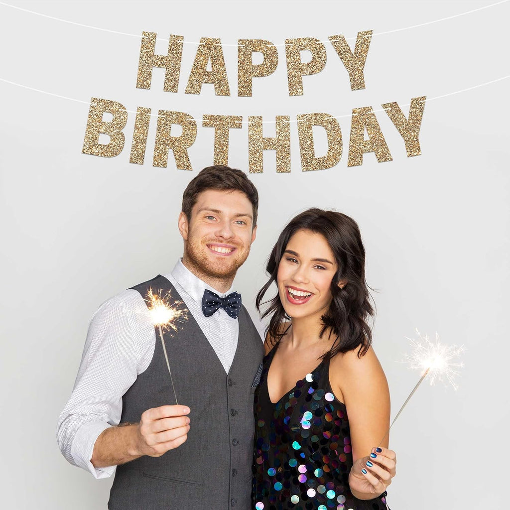 Pre-Strung Happy Birthday Banner - Gold Glitter Birthday Party Banner | No DIY - Pre-Strung on 8 ft Strands - Gold Glitter Bday Party Decorations & Decor for Men & Women